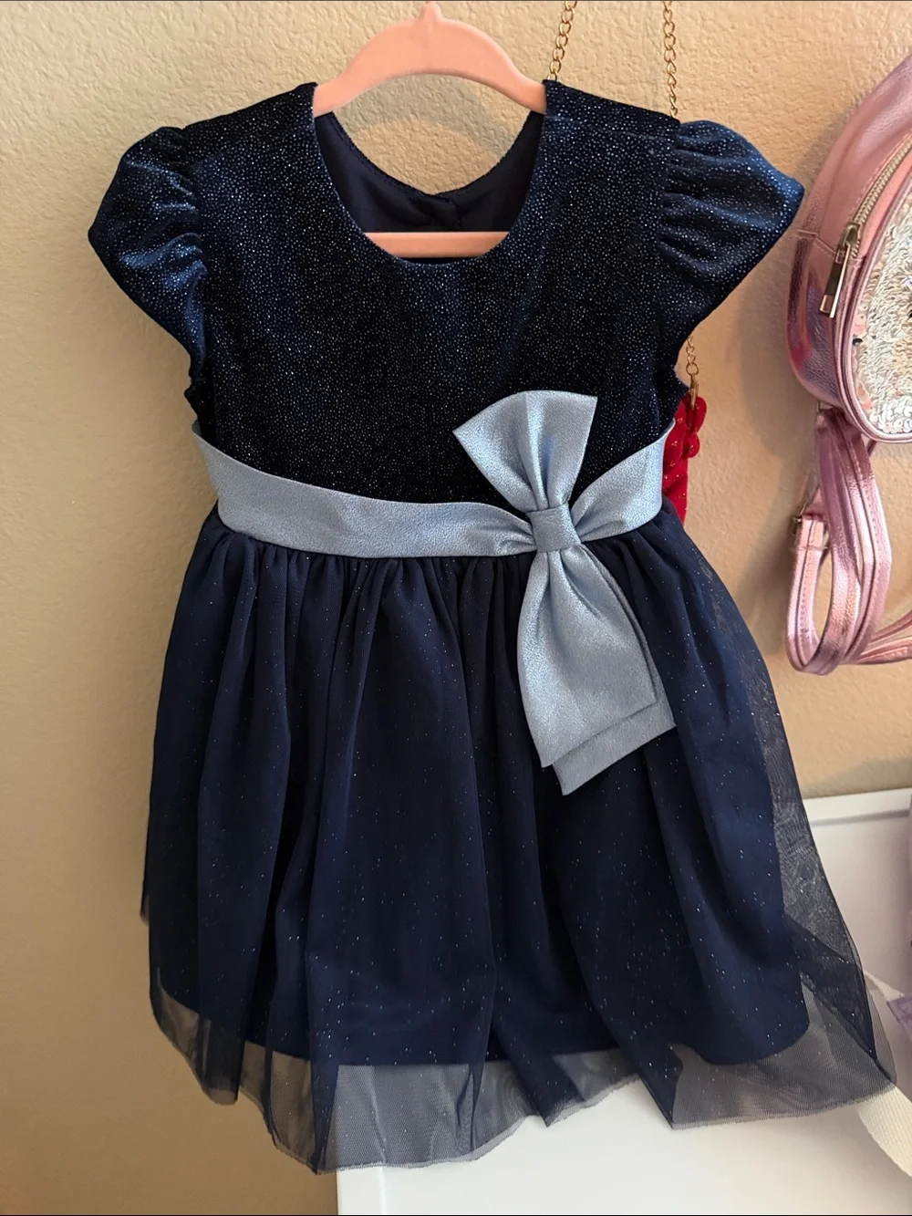 Jona Michelle Navy Sparkle Tulle Dress with Silver Satin Bow